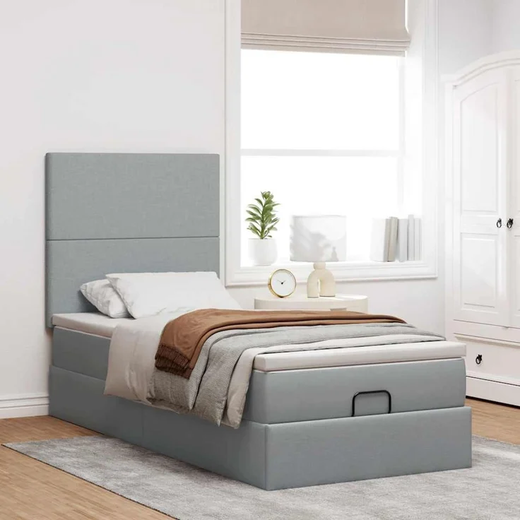 vidaXL Ottoman-Bett mit Matratze & LEDs Hellgrau 100x200 cm Stoff 3313899 – Bild 4