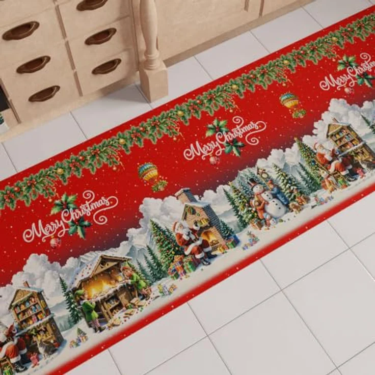 PETTI Artigiani Italiani - Weihnachts-Küchenläufer, Rutschfester und waschbarer Weihnachts-Küchenteppich, Weihnachtsteppich 52x100 cm Weihnachtsmanndorf, Made in Italy – Bild 1