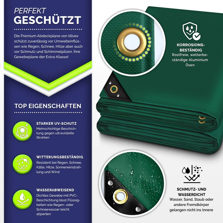 tillvex® Abdeckplane Grün 3x4 m mit Ösen + 10 Haken & 15m Seil | Gewebeplane 650g/m² Wasserdicht & Reißfest | Premium PVC-Plane Universell LKW, Pool, Holz Gartenmöbel | Gartenplane Abdeckung – Bild 2