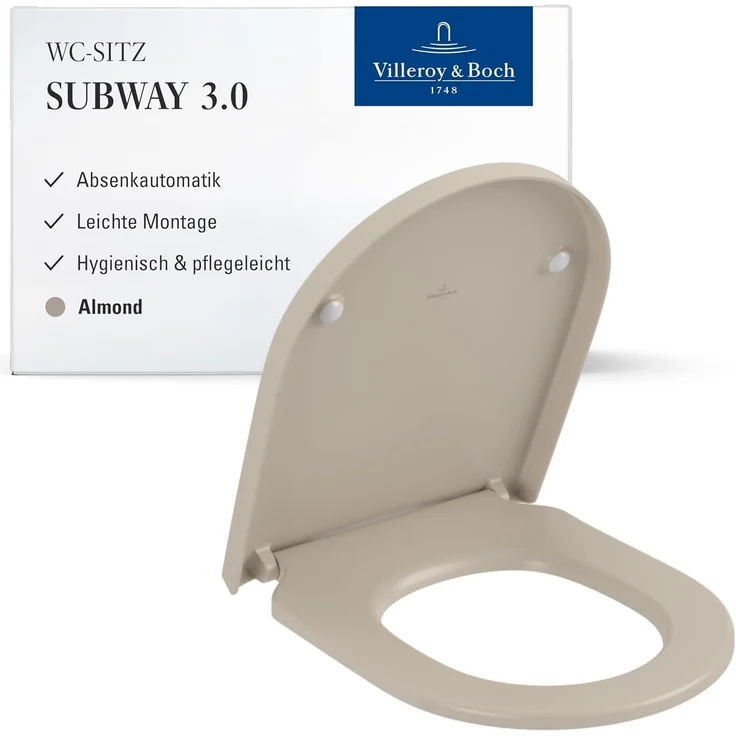 Villeroy & Boch Subway 3.0 WC-Sitz, Toilettendeckel mit Absenkautomatik, abnehmbarer Toilettensitz aus bruchsicherem Duroplast, Klodeckel Original Ersatzteil, D-Form, Almond, matt – Bild 1