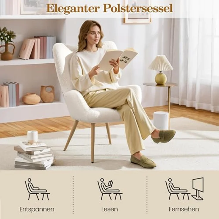 Yaheetech Ohrensessel eleganter Armsessel Polsterstuhl mit klappbare Rückenlehne Lehnsessel bis 136 kg belastbar Sessel fürs Wohnzimmer/Schlafzimmer – Bild 6