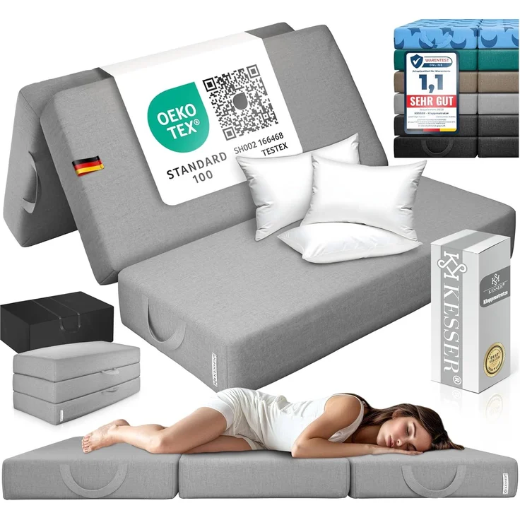 KESSER® Klappmatratze Gästematratze 3-fach Faltmatratze faltbar zum Sitzhocker | Schaumstoff 25kg/m³ extra dick 15cm atmungsaktiv waschbar abnehmbarer Bezug | Matratze inkl. Camping Tragetasche Grau, 140 x 195 x 15 cm