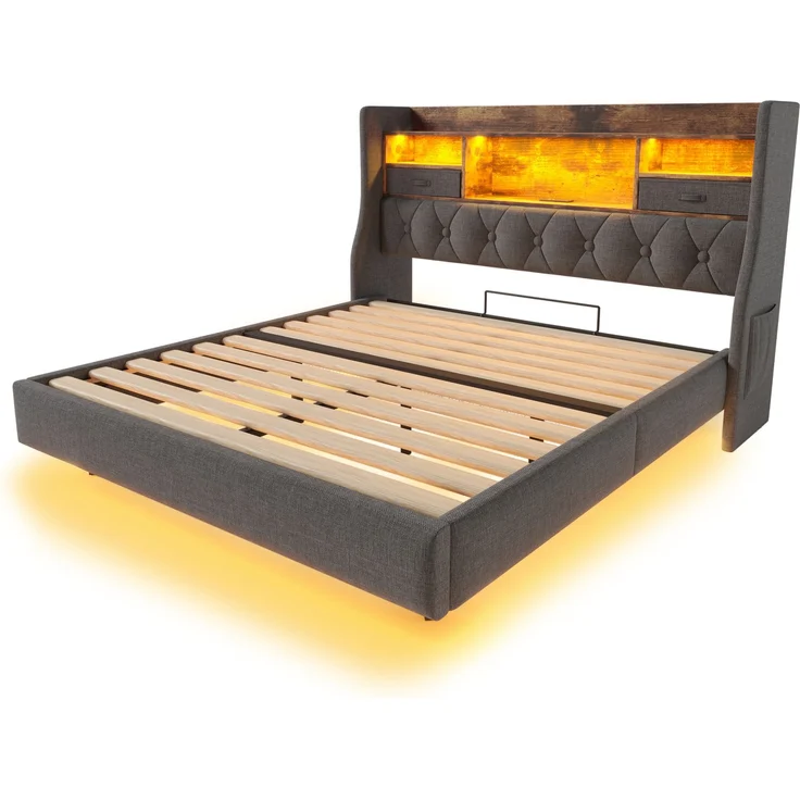 Polsterbett 90x200 cm Schwebebett mit LED-Beleuchtung, Kopfteil und Ladestation(1 Type-C, 3 USB-Anschlüsse), Modern Einzelbett mit Stauraum-Kopfteil und lattenrost, Leinen, Grau(Ohne Matratze) – Bild 9