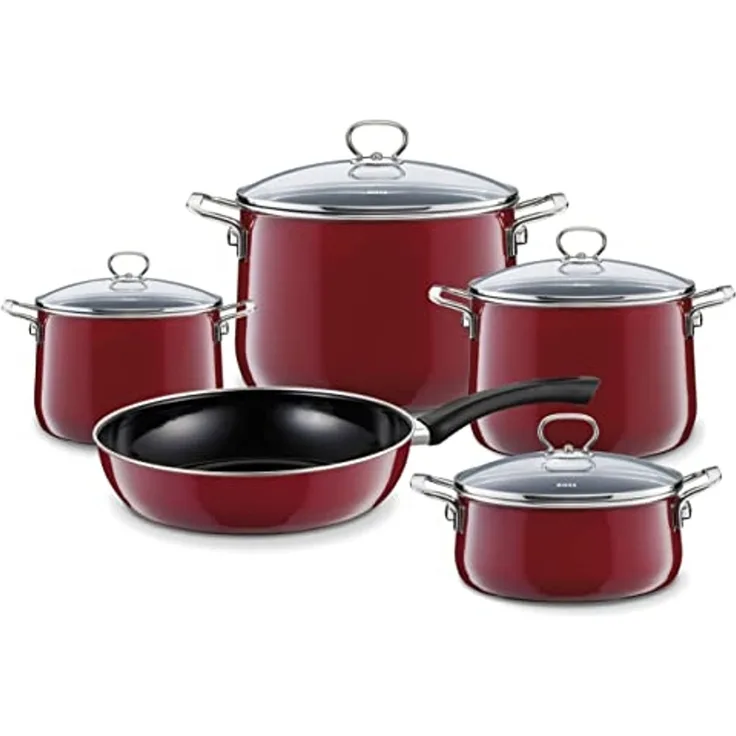 Riess Topf-Geschirrset mit Glasdeckel 5-teilig Emaille Nouvelle Rosso extra stark