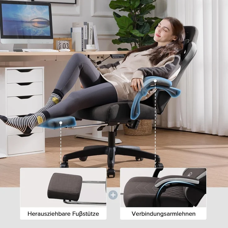 GTPLAYER Gaming Stuhl Ergonomischer Gaming Sessel Schreibtischstuhl mit Stoffoberfläche, Federsitzkissen, Verbindungsarmlehnen und Fußstütze braun – Bild 5