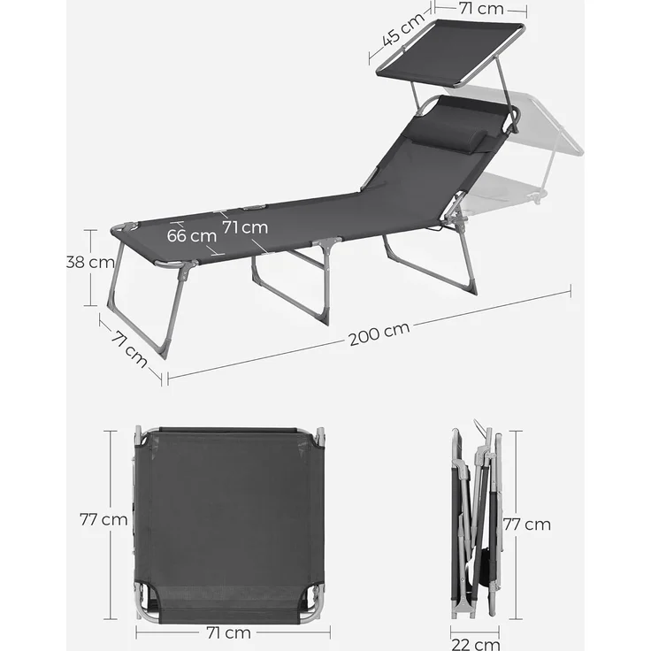 Songmics Sonnenliege mit Sonnenschutz, Kopfstütze & verstellbarer Rückenlehne, Stahl/Kunstfasergewebe, anthrazit, 200 x 71 x 38 cm – Bild 5