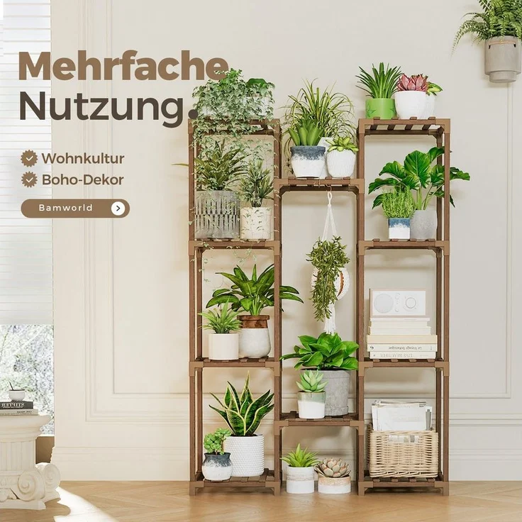 Bamworld Blumenständer Pflanzenständer Hoher Pflanzenstufen Pflanzenregal (1 St), Mehrstufiges Blumenregal für Außen (Terrasse/Balkon/Garten) – Bild 3