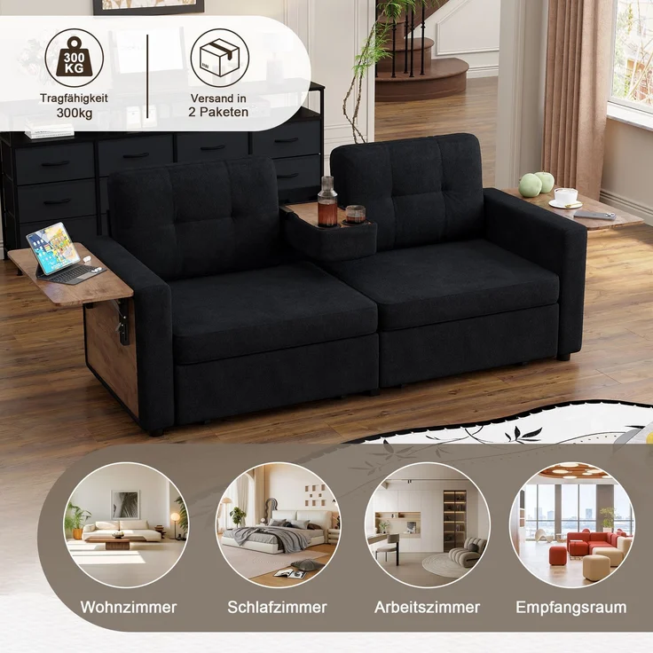ZUBALIYA Schlafsofa 71x57.5 cm, mit Schreibtisch, mit Schubladen, mit Stauraum, mit Ablageflächen, mit Ausziehbett, Schwarz – Bild 3