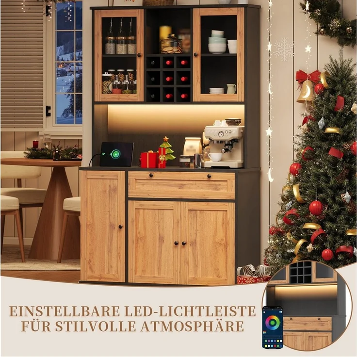 SeedWave Buffet Vielseitiges Küchenbuffet mit LED-Lichtleiste, Ladefunktion, Weinregal Hochschrank mit Höhe 180cm, 2× Glastüren, viel Stauraum – Bild 4