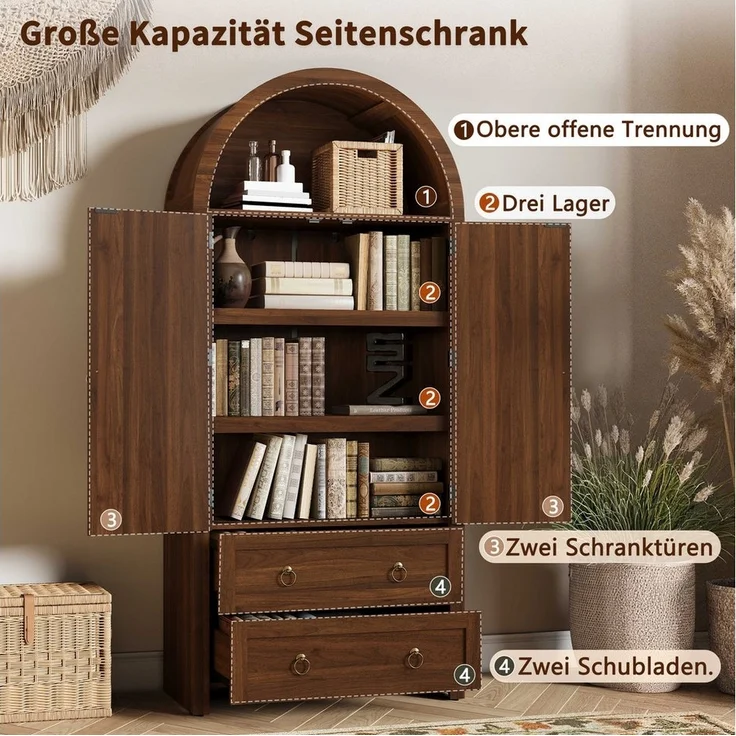 BlingBin Hochschrank Mehrzweckschrank Highboard Sideboard (Aufbewahrungsschrank mit Bogenform, 1-St, mit Rattantüren, offenen Regalen, 2 Schubladen, seitlichen Haken) 80x40x180 cm, Retro Vintage Schrank für Wohn- und Schlafzimmer – Bild 2