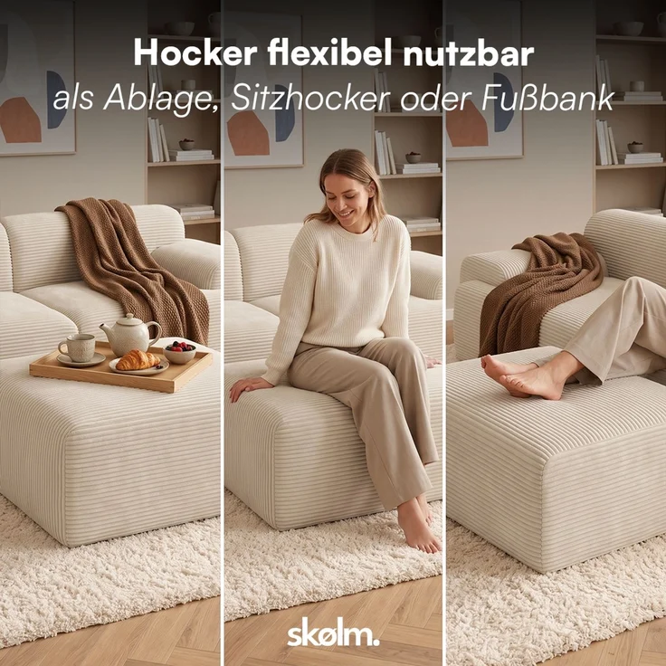 skølm 'Menja' Sofa 2-tlg mit Hocker, 2er Sitz mit 2 Kissen, Cord beige, Vollschaumcouch mit Federkern und Vakuum-Kompression, kein Aufbau erforderlich – Bild 10
