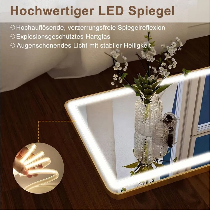 Furnishings Home Ganzkörperspiegel Bodenspiegel Wandspiegel 3 Farbwechseln LED beleuchtung Touch-Schalter (1-St, Einstellung der warmen und kalten Farbtemperatur 3000/4500/6000K inkl), Mit Halterung und Haken, Aluminiumrahmen, Stand- oder Wandmontage – Bild 3
