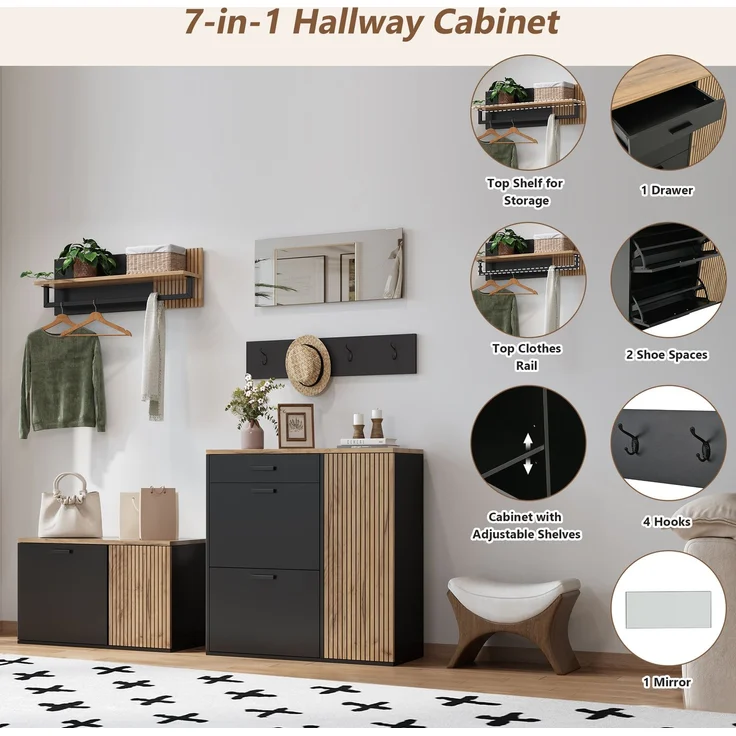 Garderoben-Set, Schrank, Kommode, Spiegel, 2 Schuhschrank, ohne Dekoration, Garderobenpaneel mit Spiegel, Hutablage und 4 Haken,Schuhschrank mit Schuhbank, Flur mit Stauraumtrennwand--Natürlich--96.77x43.82x20.5cm--YOUDENOVA – Bild 5