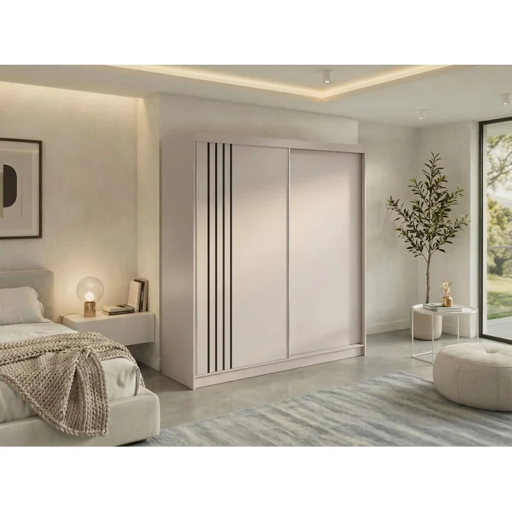 Schwebetürenschrank NAURU mit Lamellen-Optik, moderner Kleiderschrank, Breite 200 cm, inkl. Innenausstattung & Stauraum, Akustikpaneel-Design - Kaschmir und Schwarz – Bild 1