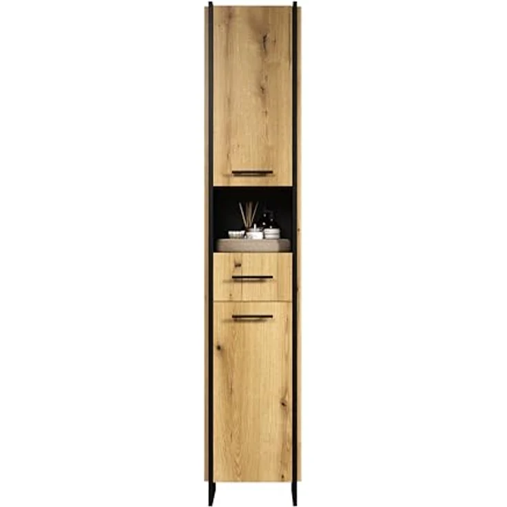 trendteam smart living - Safiya - Hochschrank - Eiche/Schwarz - Hochschrank mit 2 Türen 2 Einlegeböden 1 Schubkasten mit Vollauszug und 1 offenes Fach - (BxHxT) 37 x 190 x 31 cm – Bild 5