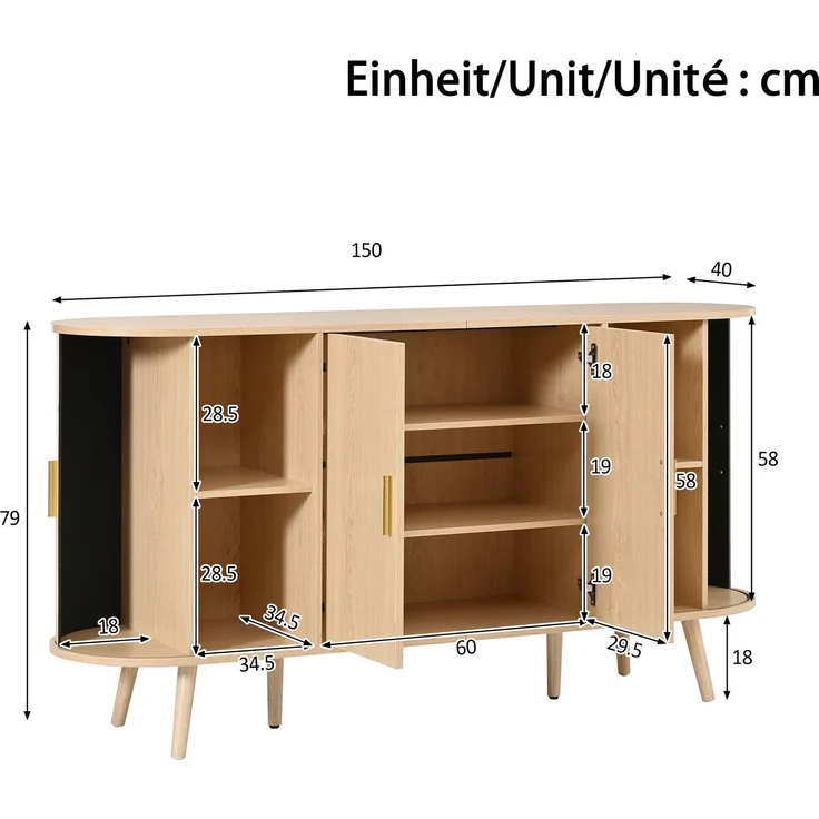 Merax Sideboard mit Schiebetüren an den Seiten, gebogenes Design mit vertikaler Rillenverkleidung, Griffleisten aus Metall, Aufbewahrungsschrank, Natur – Bild 4