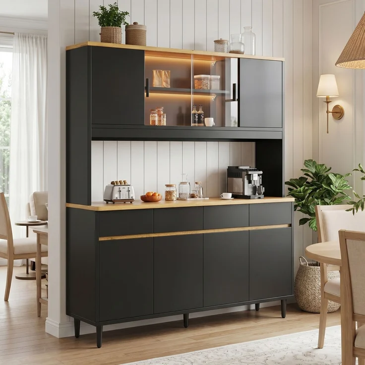 Buffetschränke, Esszimmer-Hochschrank 160*40*185 cm, mehrstufigem Stauraum, integrierter Steckdose sowie USB-C- und USB-A-Anschlüssen,Mit farbigem Lichtstreifen, Schwarz + Eiche – Bild 5