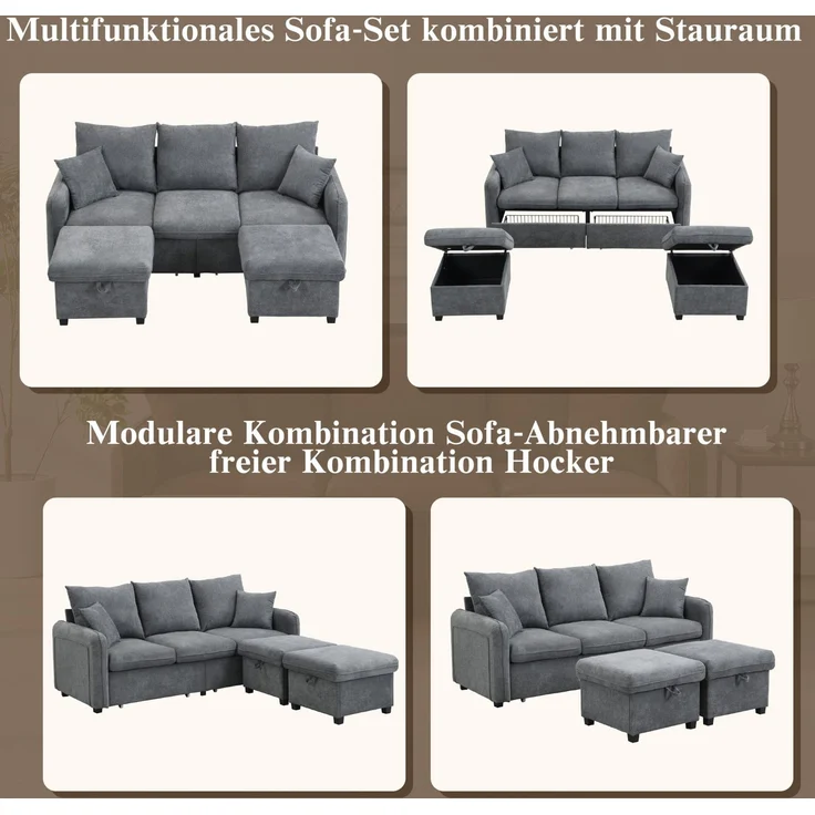 DESVIAE Sofa mit Schlaffunktion, Stauraum und 2 Hockern, Chenille, Dunkelgrau, 188 x 186 x 86 cm – Bild 6