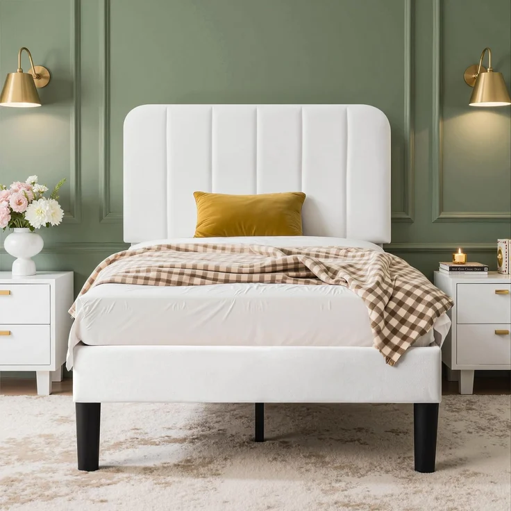 VECELO Polsterbett 90x200 cm – Samtbezug, Einzelbett Bettgestell mit Lattenrost aus Massivholz, Einfache Montage, Ideal für Jugendzimmer, Weiß