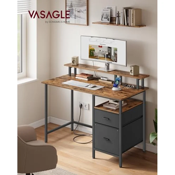 VASAGLE Gaming-Schreibtisch, mit Schubladen aus Stoff, Computertisch mit Bildschirmhalterung, Mehrfachsteckdose, 2 USB-Anschlüsse, für Heimbüro, 120 x 60 cm, rustikales Braun LWD093K01V1 – Bild 2