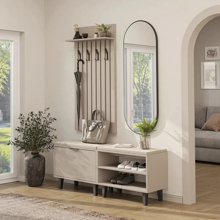 Roomart NORD Garderobenset 4-teilig – Sitzbank offen & mit Schuhklappe, Garderobenpaneel 130 cm & ovaler Spiegel – Flurgarderobe – H 53 x B 73.6 x T 35 cm (Sitzbank) • Beige – Bild 1