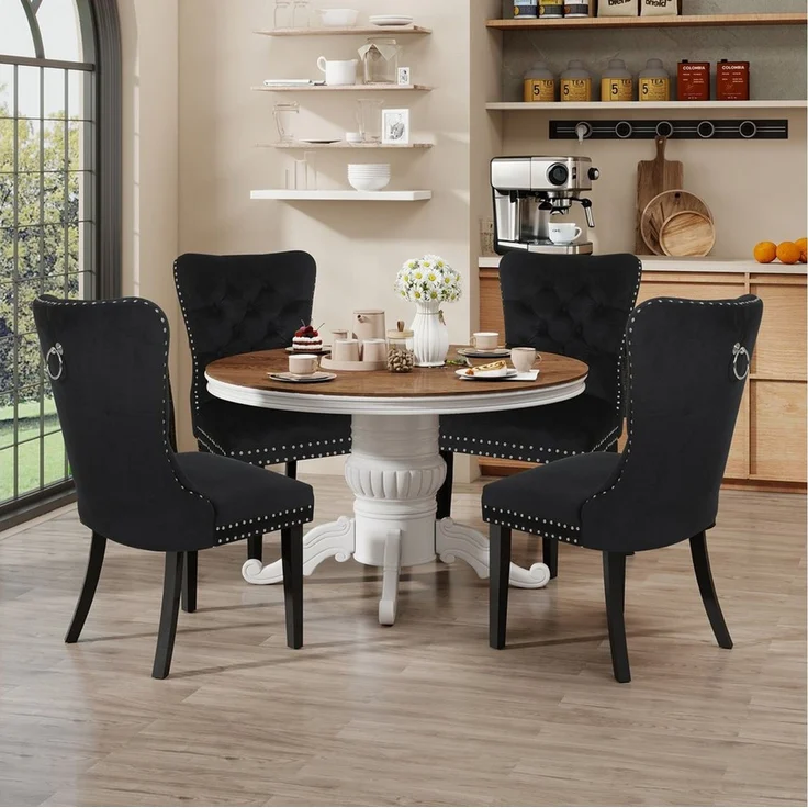 Puluomis Esszimmerstuhl (2/4/6/8 Set Grau/ Schwarz/Beige, 4 St), Samt Stuhl mit hoher Rückenlehne, Küchenstuhl mit Holzbeinen – Bild 2