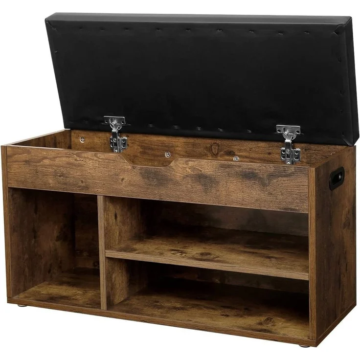 Vasagle Schuhbank mit 3 Fächern und Stauraum, Holzspanplatte Vintage/Dunkelbraun, 80 x 30 x 44 cm – Bild 3