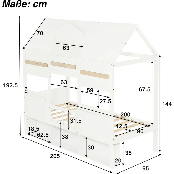 Hausbett mit Bücherregal, Dach und Lattenrost, 90x200 cm, Kinderbett mit Rausfallschutz, Massivholzbett, Kiefer – Bild 6