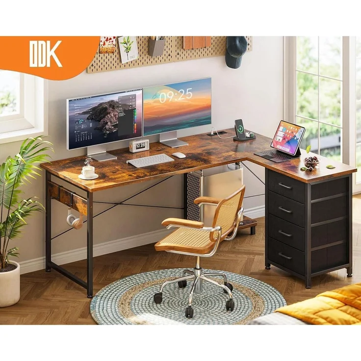 Eckschreibtisch L Form mit Schubladen und USB-Anschluss Vintage-Braun – Bild 6