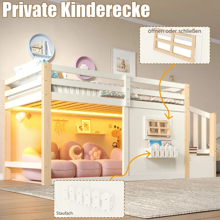 Merax Kinderbett, Hochbett, 90 x 200 cm, Kiefernholz, Fenster, Aufbewahrungsleiter, LED-Lichtleiste, Ohne Matratze, Natur + Weiß – Bild 6