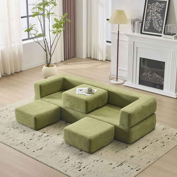 ZUBALIYA SchlafSofa mit Chenille - Bezug, modular aufgebaut, mit Schaumstoffpolsterung, aus Chenille, für Wohnzimmer und Apartments, Grün – Bild 6