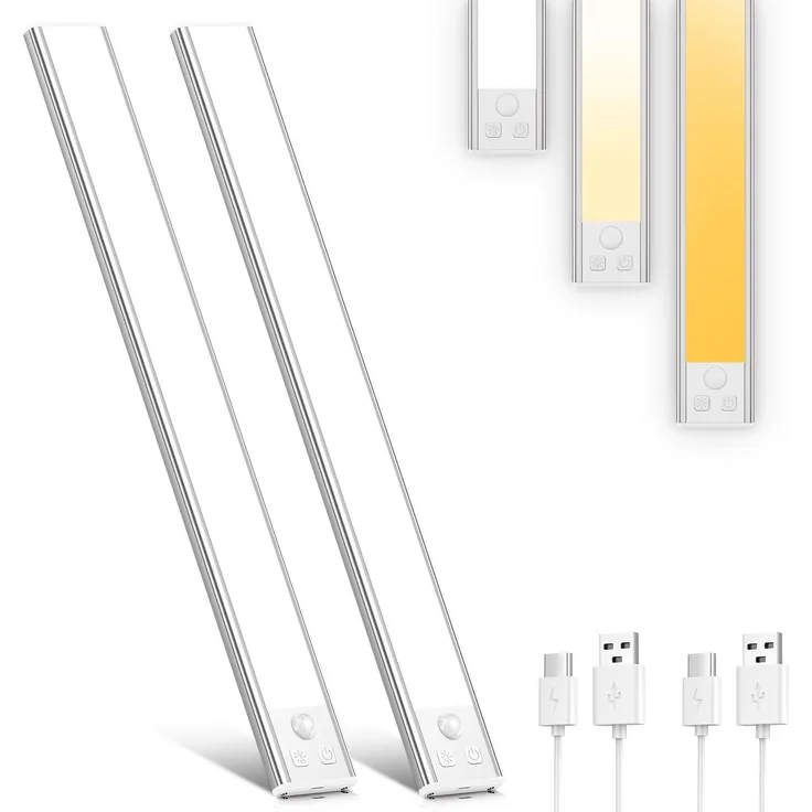 OUILA Led Schrankbeleuchtung mit Bewegungsmelder 41CM 3 Farben Dimmbar Unterbauleuchte Küche Led Leiste Batterie USB Wiederaufladbar Schranklicht für Küche, Badezimmer, Schlafzimmer 2 Stück