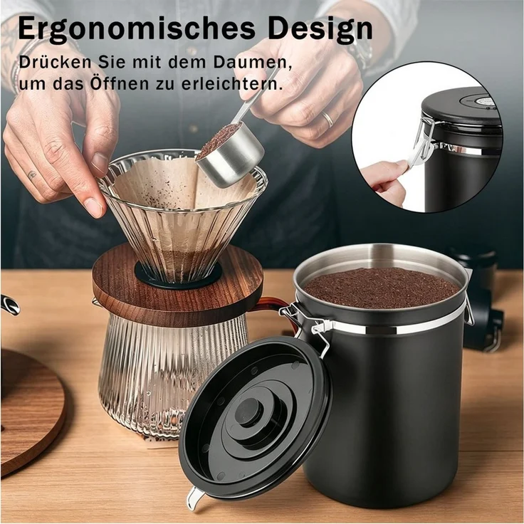 AKKEE Kaffeedose Edelstahl Luftdicht Kaffeebohnen Vorratsdose Mit Löffel 1.5/1.8L, Luftdichte Kaffeebehälter – Bild 3
