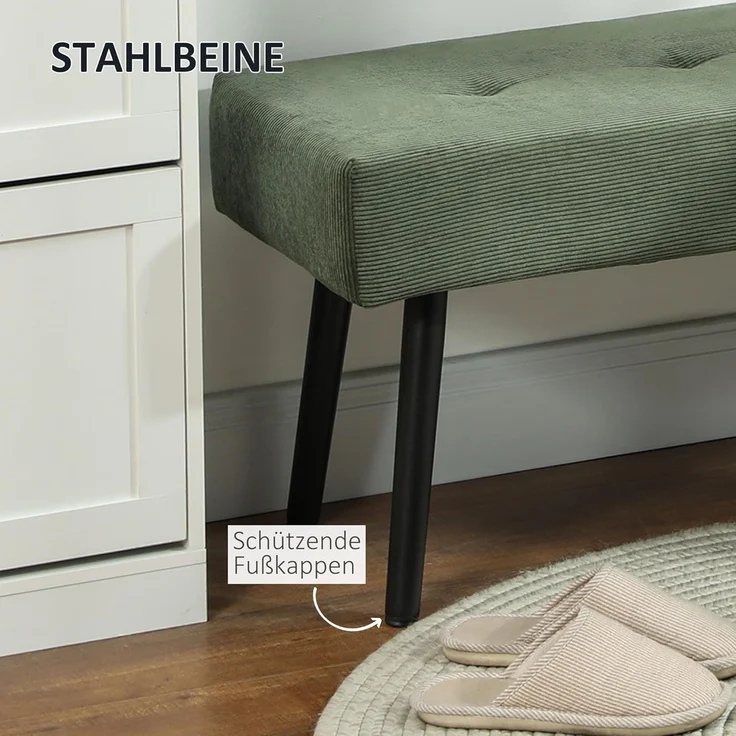 HOMCOM Polsterbank Sitzbank mit Cordbezug, Metallbeinen, Flurmöbel, 220 kg belastbar (Schuhbank, 1-St, getuftete Bettbank), für Schlafzimmer, Wohnzimmer, Flur 100 x 36 x 45 cm Grün – Bild 5