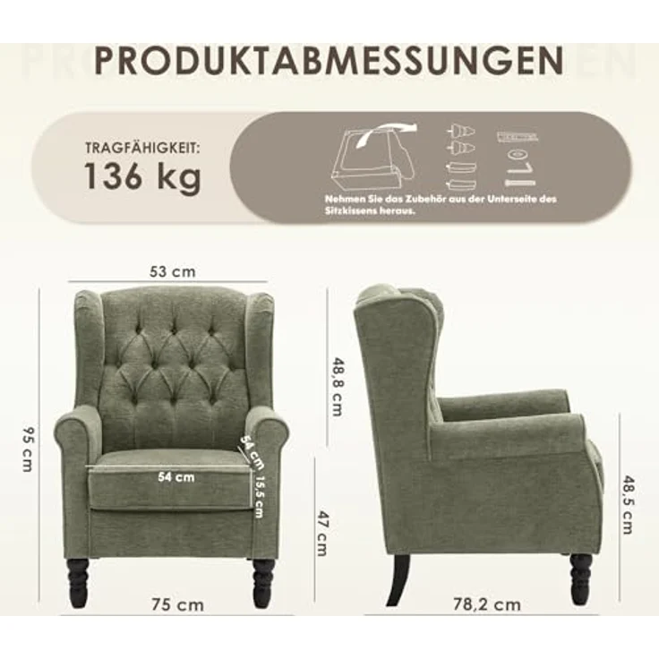 COLAMY Mid-Century Modern Sessel Wohnzimmer, Gepolsterter Wingback-Sessel mit Knopfsteppung, loungesessel Bezug aus Gewebe mit Massivholzbeinen für Wohnzimmer, Büro, Café - Grün – Bild 2