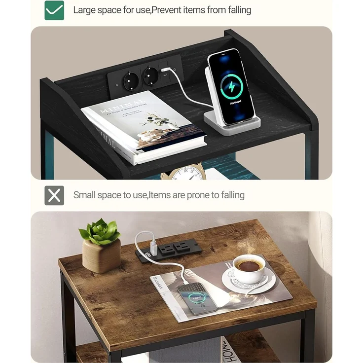 Nachttisch mit LED-Leuchten und Ladestation, Beistelltisch mit 2 Stoff-Schubladen und Regalen, mit USB-Anschlüssen & Steckdosen, für Schlafzimmer, Wohnzimmer, Schwarz – Bild 6