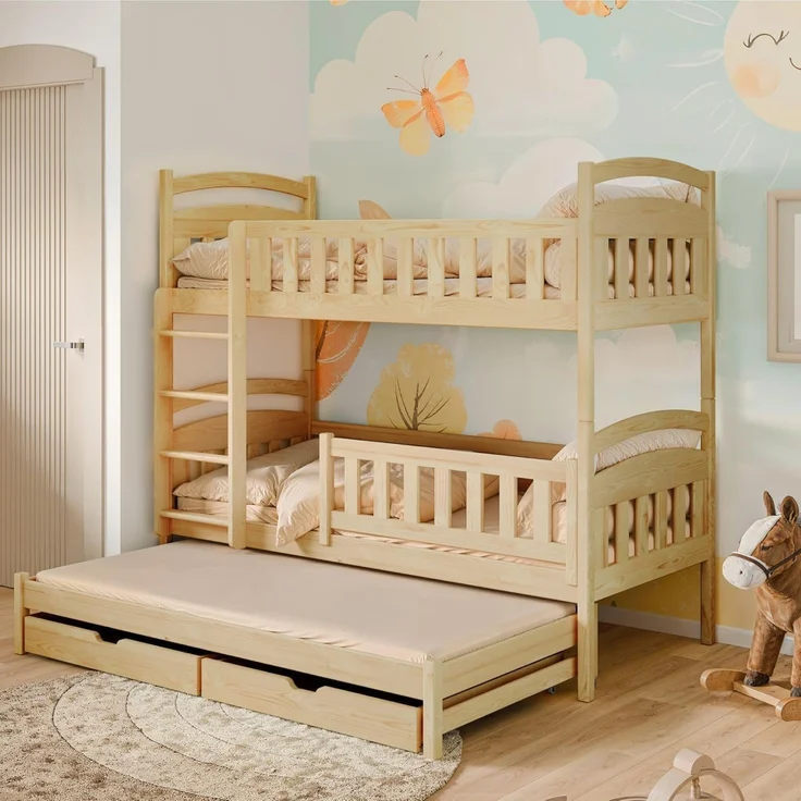 Kids Collective Etagenbett Hochbett Kinderbett 90x200 cm mit Lattenrost und Rausfallschutz, mit Ausziehbett, zwei Schubladen und drei Matratzen, natur – Bild 1
