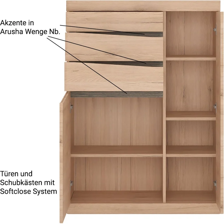 Highboard mit 3 Schubkästen SANFORD-129 in Eiche hell Nb, B/H/T: ca. 86/119,5/40 cm – Bild 2