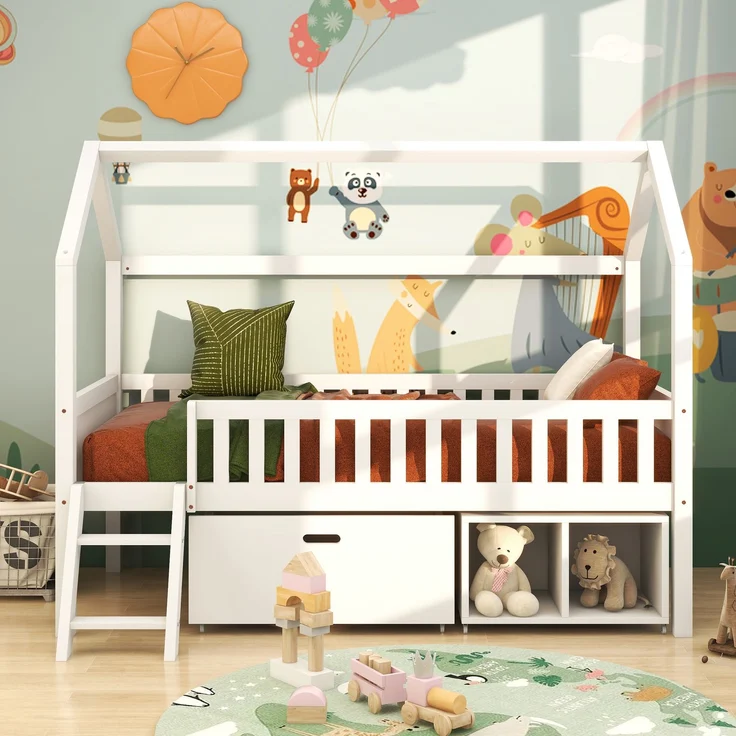 Merax Hausbett Kinderbett Jugendbett 200x90 Mit Schubladen und Ablagefächern Geeignet für Jungen und Mädchen Mit Anti-Drop-Geländer, Weiß – Bild 1