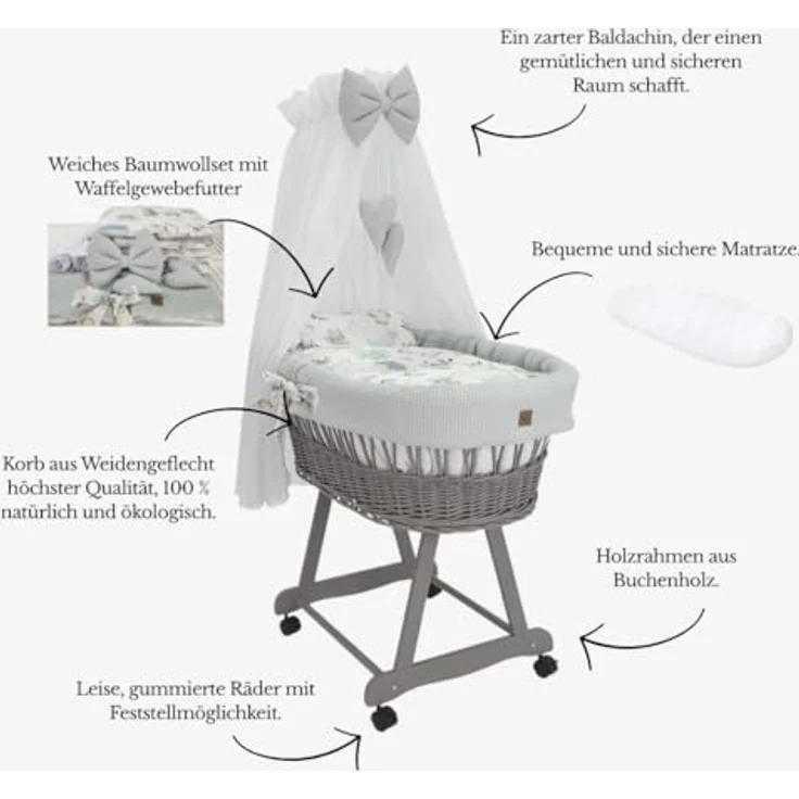 Wiklinopol Stubenwagen aus Weide mit Baldachin und Gestell Lena – Moseskorb in Grau, Komplettset mit 5-TLG. Waffel-Bettwäsche Igel & Freunde Grau – Mit Rollen, Tragbar, Sicher – Bild 4