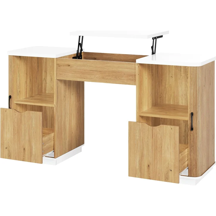 ZUBALIYA Höhenverstellbarer Schreibtisch, 140 × 50 cm, mit großzügigem Stauraum, ausgestattet mit 2 Schubladen und 2 offenen Fächern, Computertisch, Schminktisch, weiß/Eichenoptik, mit Streifenmuster – Bild 13