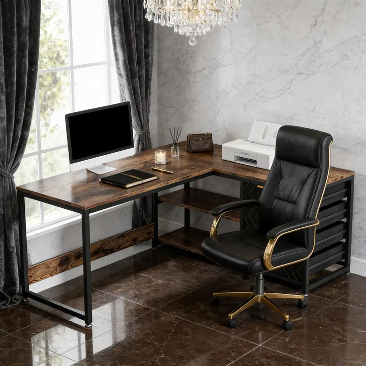 Stilvoll Computertisch,Bürotisch,Arbeitstisch,Eckschreibtisch,L-förmiger Schreibtisch (nur Tisch)--Schwarz, Rustikales Braun--150x110x75cm--YOUDENOVA
