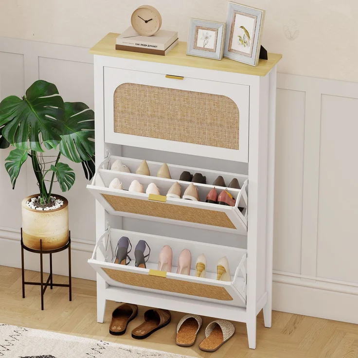 Schuhschrank für 21 Paar Schuhe im Boho-Stil mit 3 Klappschubladen, Türen in Rattan-Optik, 80 x 24 x 131 cm, weiß – Bild 10