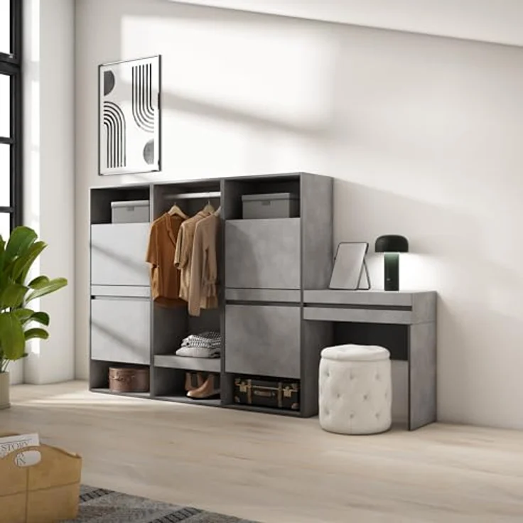 Skraut Home | Schuhregal, Schuhschrank | Schuhaufbewahrung | 250x145x35 cm | Für Schlafzimmer, Zimmer | Offener Kleiderschrank | Schminktisch | Moderner Stil | Zement – Bild 2