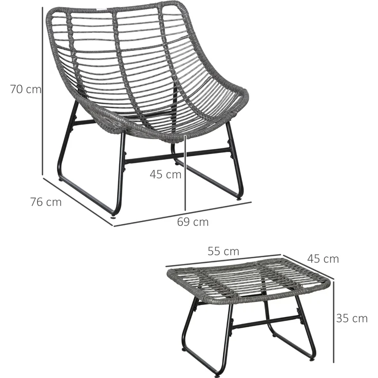 Outsunny Sitzgruppe Rattanstuhl mit Kissen, (Gartensessel, 2-tlg, Rattan Relaxsessel), Stahl Polyester Grau 69 x 76 x 70 cm – Bild 3