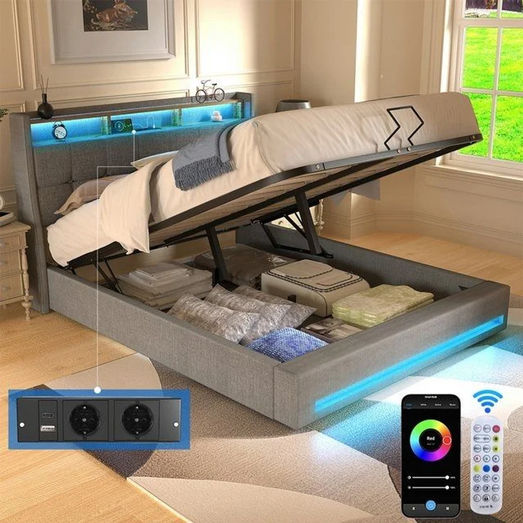 oyajia Polsterbett Doppelbett mit LED Licht 140x200 cm,Hydraulisch anhebbarer Stauraumbett (Mit Lattenrost und Ladefunktion, Leinenmaterial Polsterbettt), Modernes Jugendbett, Leises Design Bett, Max. Belastbarkeit 350 kg – Bild 4