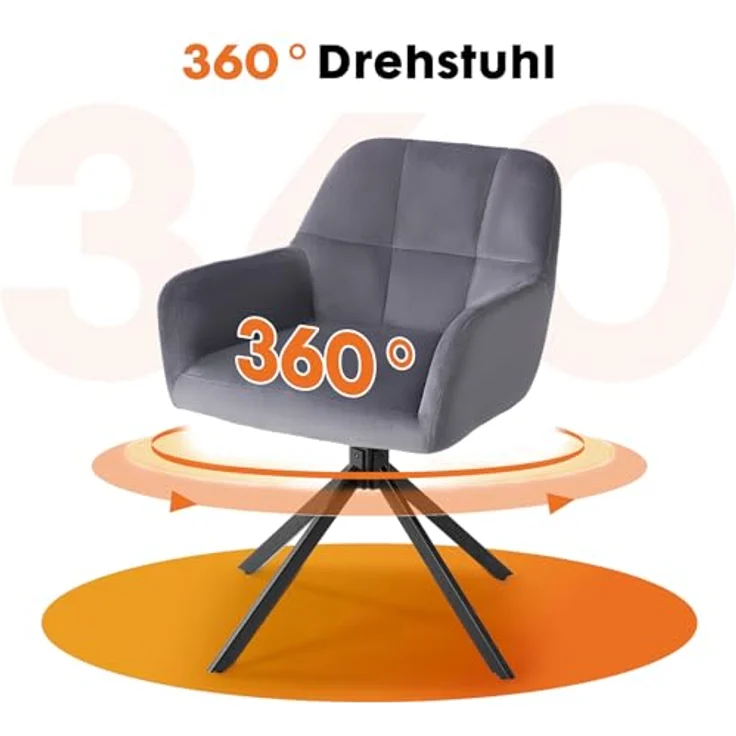 Sweetcrispy Esszimmerstuhl 2er Set, 360° Drehstuhl Esszimmer, Küchenstuhl, Samt Schminktisch Stuhl, bis 120 kg belastbar, Sessel mit Armlehnen Stahlbeine, Schreibtischstuhl für Arbeitszimmer, Grau – Bild 7