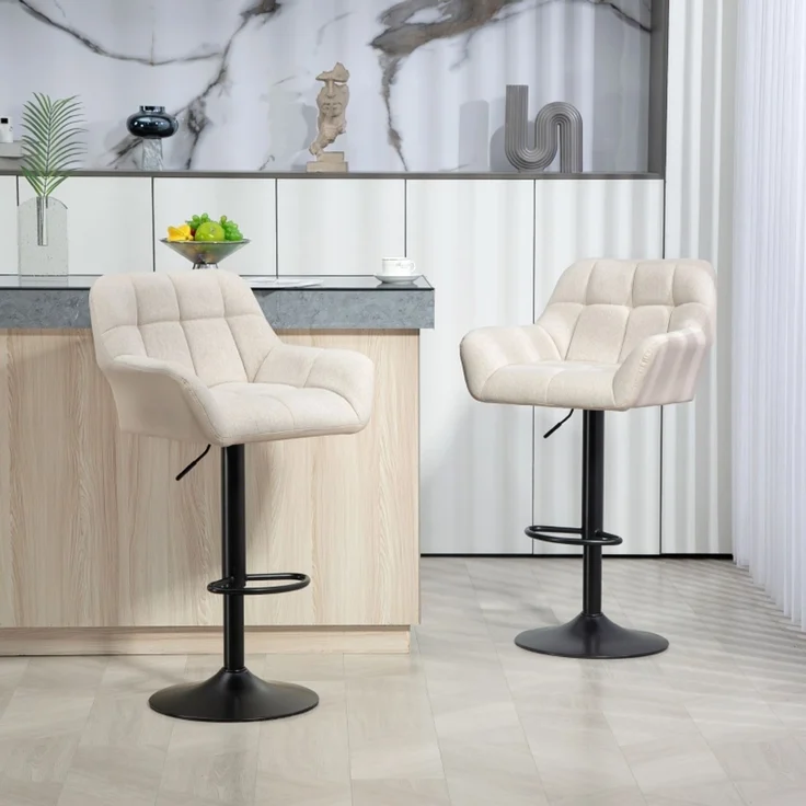 Barhocker 2er-Set Retro-Design höhenverstellbar Kunstleder Leinenoptik Creme + Schwarz--Cremeweiß--57.5x52.5x114cm--YOUDENOVA – Bild 2
