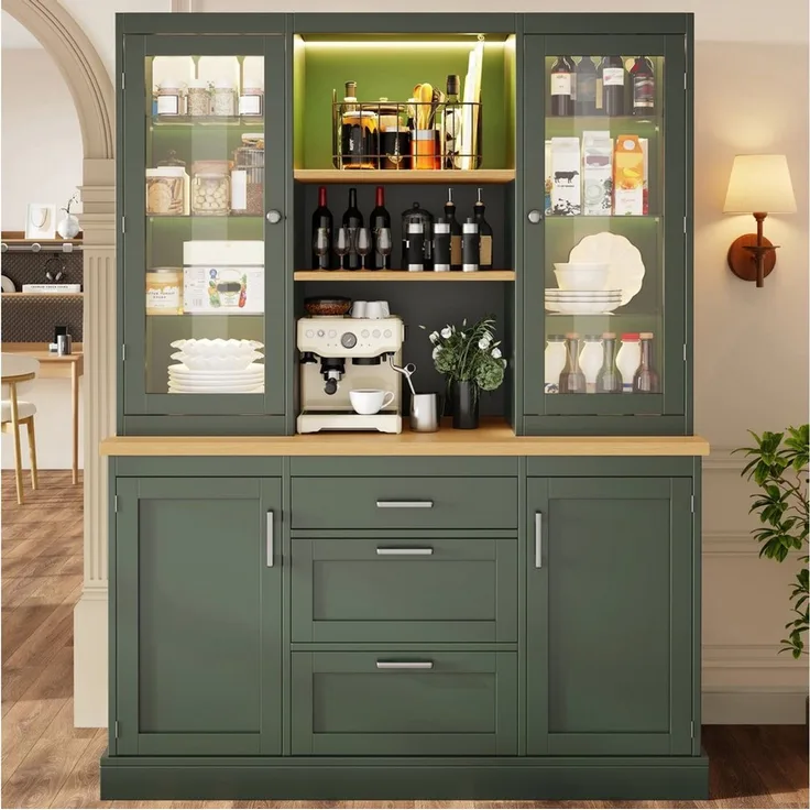 Flieks Küchenbuffet mit LED-Beleuchtung, verstellbarer Glaseinlegeböden und Arbeitsplatte (1-St, B140/T40/H185 cm) Hochschrank Küchenschrank Glasvitrine in Landhausstil Grün