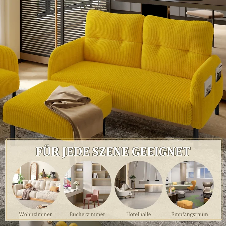 LVHOM Cord 3er-Set 2-Sitzer+Sessel+Hocker, Flexibel für Wohnzimmer Ecksofa mit Seitentaschen, Sitzgruppe Gelb – Bild 7